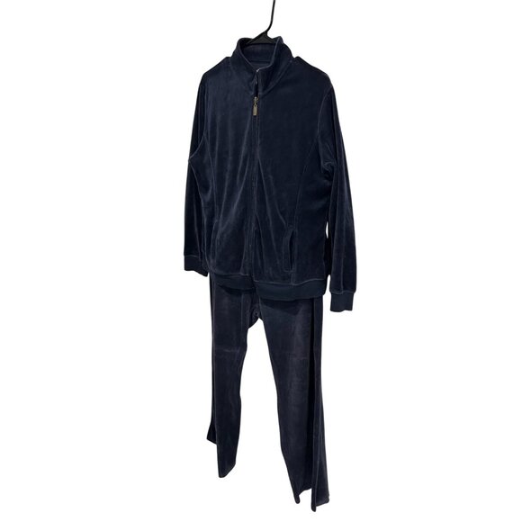 Two-Piece Navy Velour Zip-Up Tracksuit With High Collar Elastic Waist Sz M/L - Picture 3 of 16